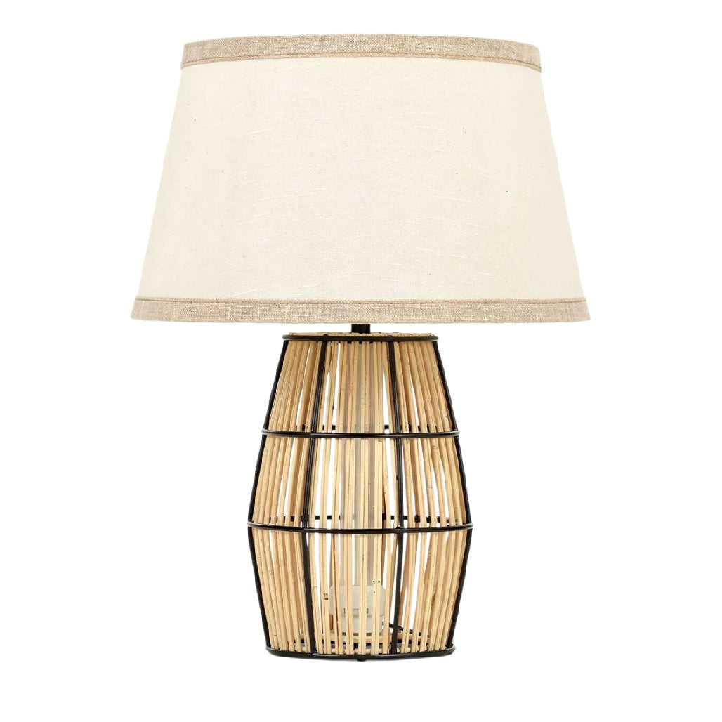 **Lampa stołowa z rattanu i abażurem tekstylnym**